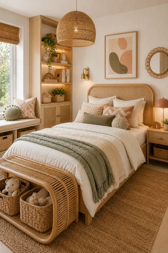 Modern boho girl’s bedroom with rattan furniture, neutral colors, woven baskets, patterned textiles, greenery, and contemporary decor.