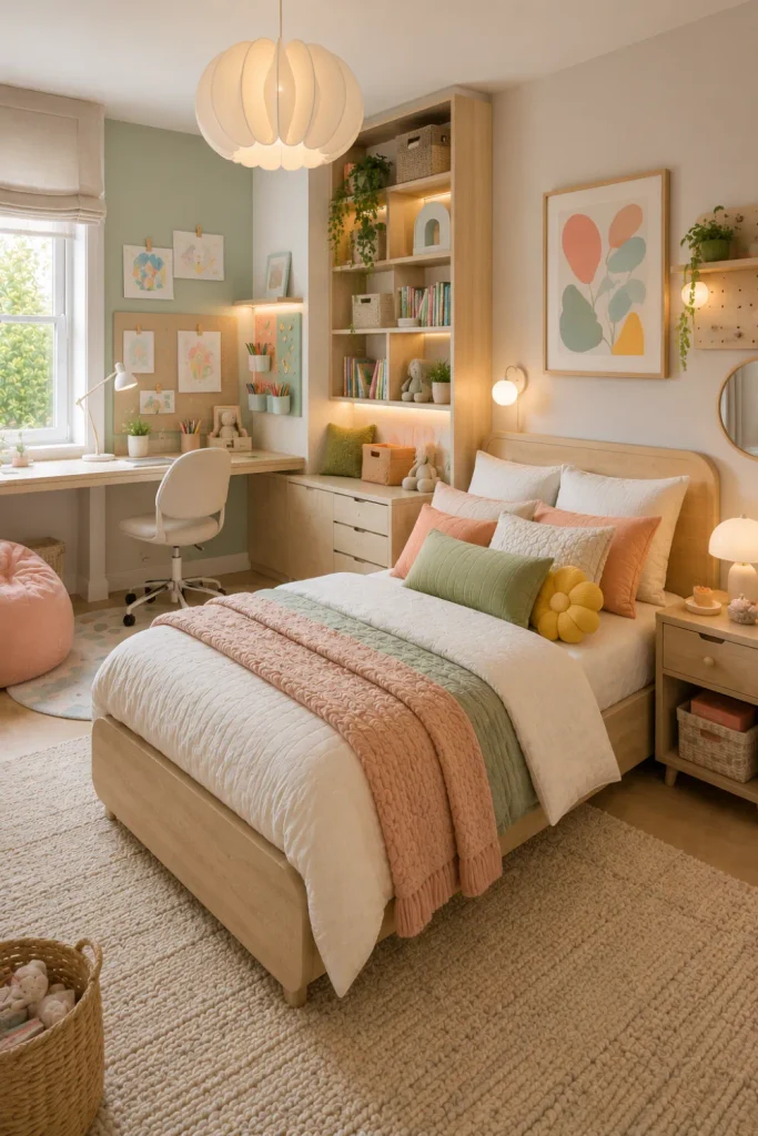 Modern girl’s bedroom with a cozy sleep area, compact study desk, open shelving, creative displays, and organized storage.