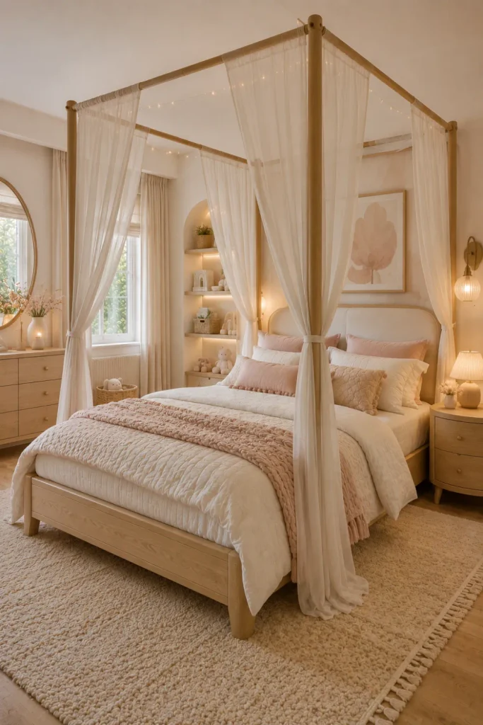 Dreamy modern canopy bed girl’s bedroom with sheer fabric, neutral bedding, textured rug, warm lighting, and elegant contemporary decor.