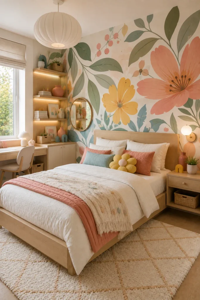 Modern floral girl’s bedroom with an oversized botanical accent wall, streamlined furniture, cheerful colors, and contemporary lighting.