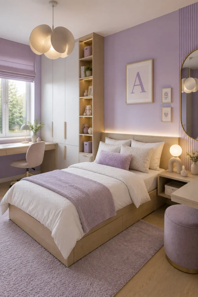Modern lavender girl’s bedroom with white bedding, pale oak furniture, clean storage, sculptural lighting, and personalized decor.