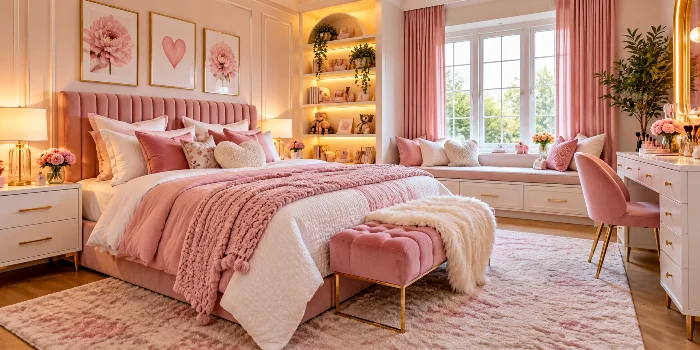 Modern girl's bedroom design ideas featuring a blush pink upholstered bed, cozy layered bedding, elegant gold accents, a stylish vanity, and dreamy pink bedroom decor.