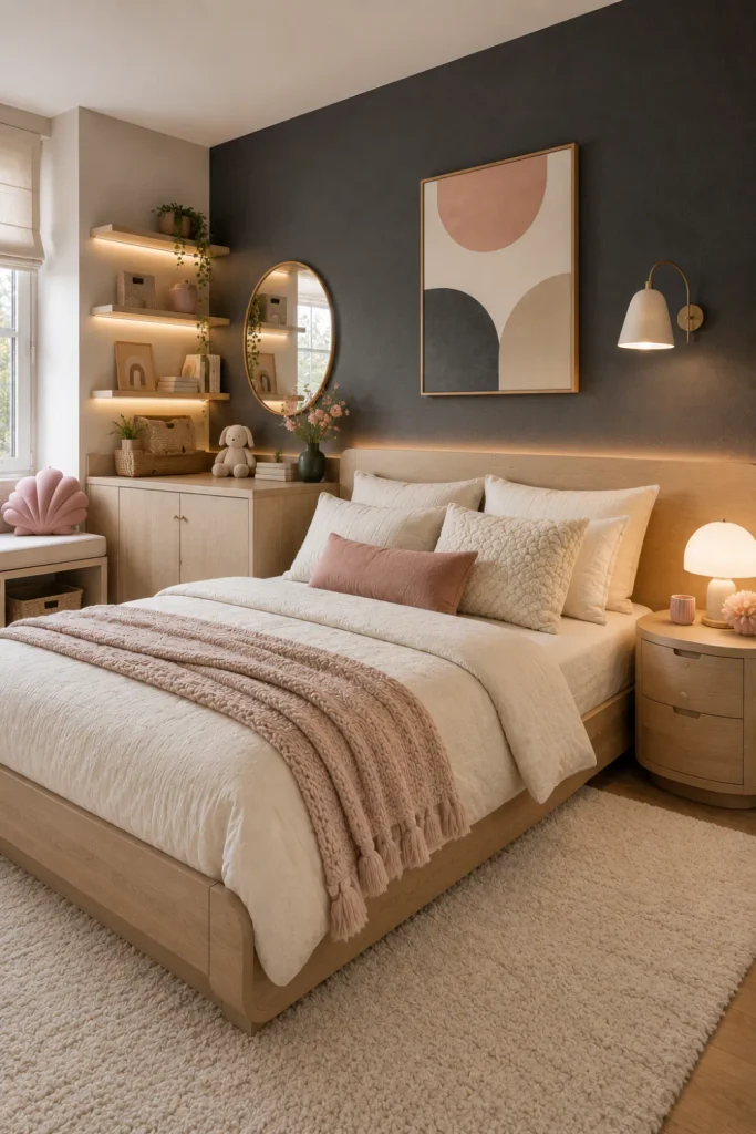 Moody charcoal girl’s bedroom with cream bedding, blush accents, light wood furniture, and warm modern lighting.