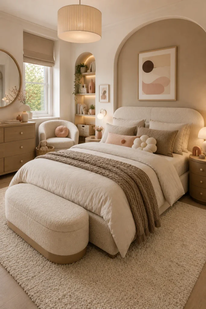 Neutral beige luxury girl’s bedroom with ivory, sand, and taupe tones, boucle textures, curved furniture, warm lighting, and elegant accents.