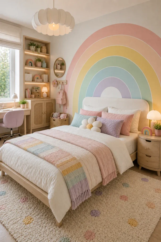 Playful pastel rainbow girl’s bedroom with a colorful accent wall, white bedding, light wood furniture, simple decor, and smart storage.