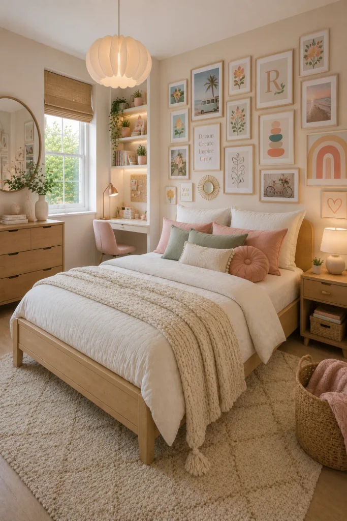 Personalized modern girl’s bedroom with a coordinated gallery wall, photos, prints, initials, warm wood furniture, and personal accessories.