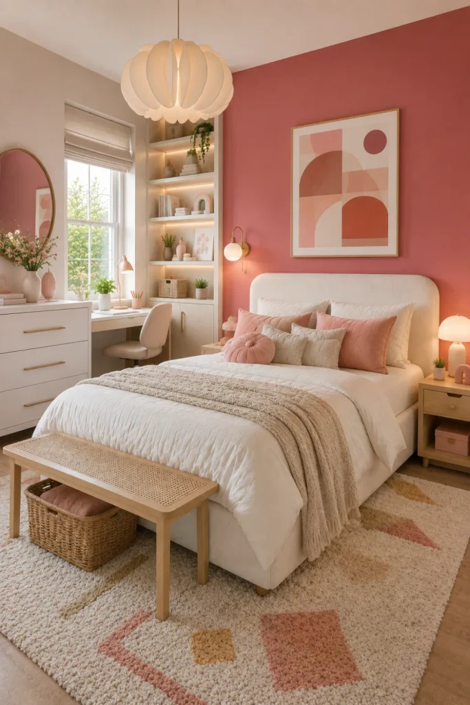 Modern girl’s bedroom with a pink accent wall, white furniture, natural wood, geometric artwork, plush textures, and contemporary lighting