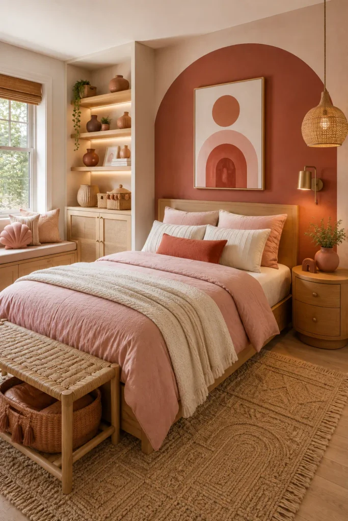 Trendy pink and terracotta girl’s bedroom with natural wood furniture, woven textures, modern artwork, and contemporary 2026 styling.