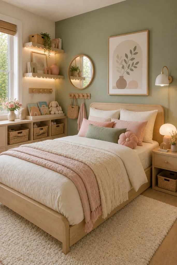 Sage green and blush girl’s bedroom with cream textiles, light wood furniture, woven storage, and modern calming decor.