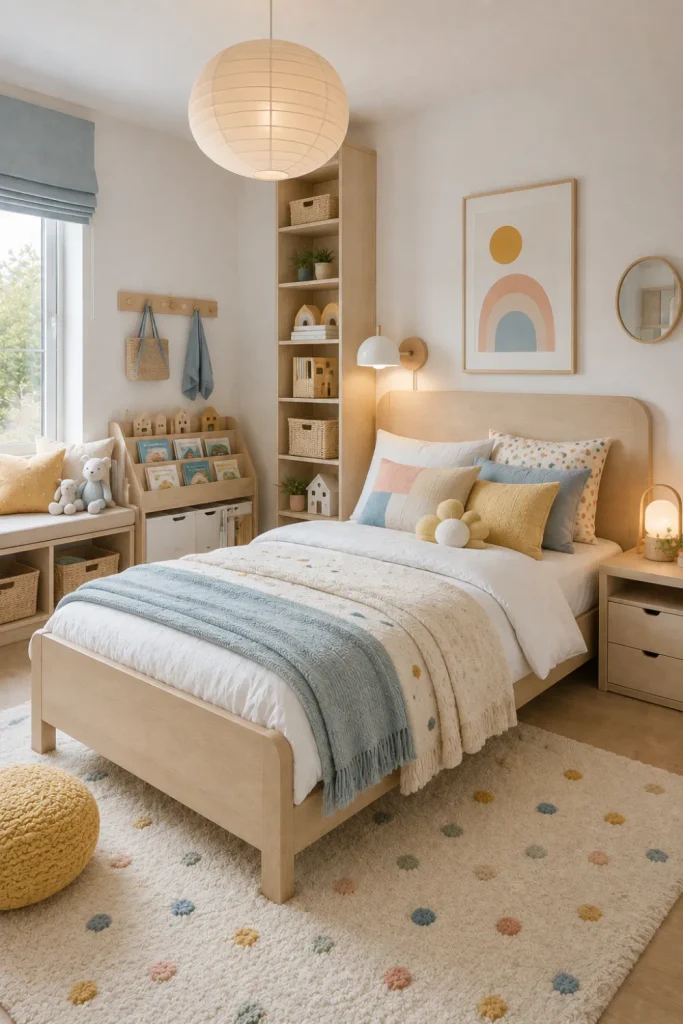 Scandinavian girl’s bedroom with white walls, pale wood furniture, pastel accents, cozy textiles, and smart modern storage.