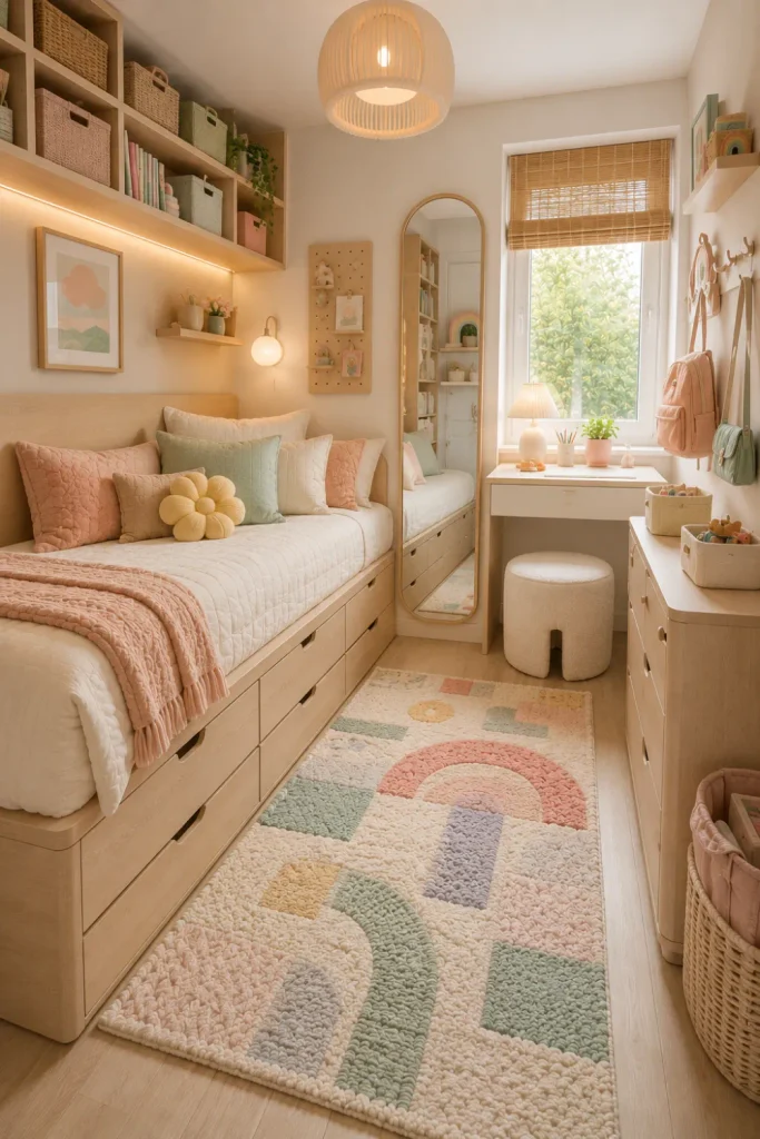 Small modern girl’s bedroom with a storage bed, wall shelves, baskets, a mirror, multifunctional furniture, and light colors.