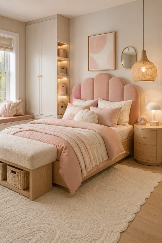 Soft pink and cream girl’s bedroom with blush bedding, light wood furniture, woven accents, cozy lighting, and modern 2026 decor.