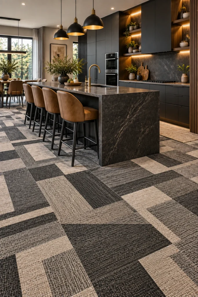 Bold contemporary kitchen with dramatic charcoal and ivory carpet-look floor tiles, dark modern cabinets, marble island, warm wood accents, pendant lighting, brass faucet, and luxury decor.