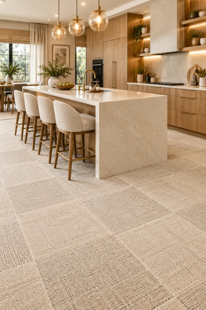 Cream carpet-look kitchen floor tiles paired with warm wood cabinets, a sculptural island, a brass faucet, integrated appliances, soft natural lighting, contemporary decor, and elegant modern styling.
