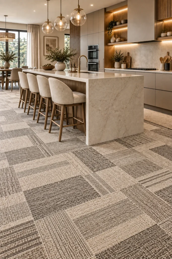 Elegant modern kitchen with refined patterned carpet-look floor tiles in ivory, taupe, and charcoal, sleek cabinetry, cream island, brass fixtures, integrated lighting, and luxury contemporary decor.