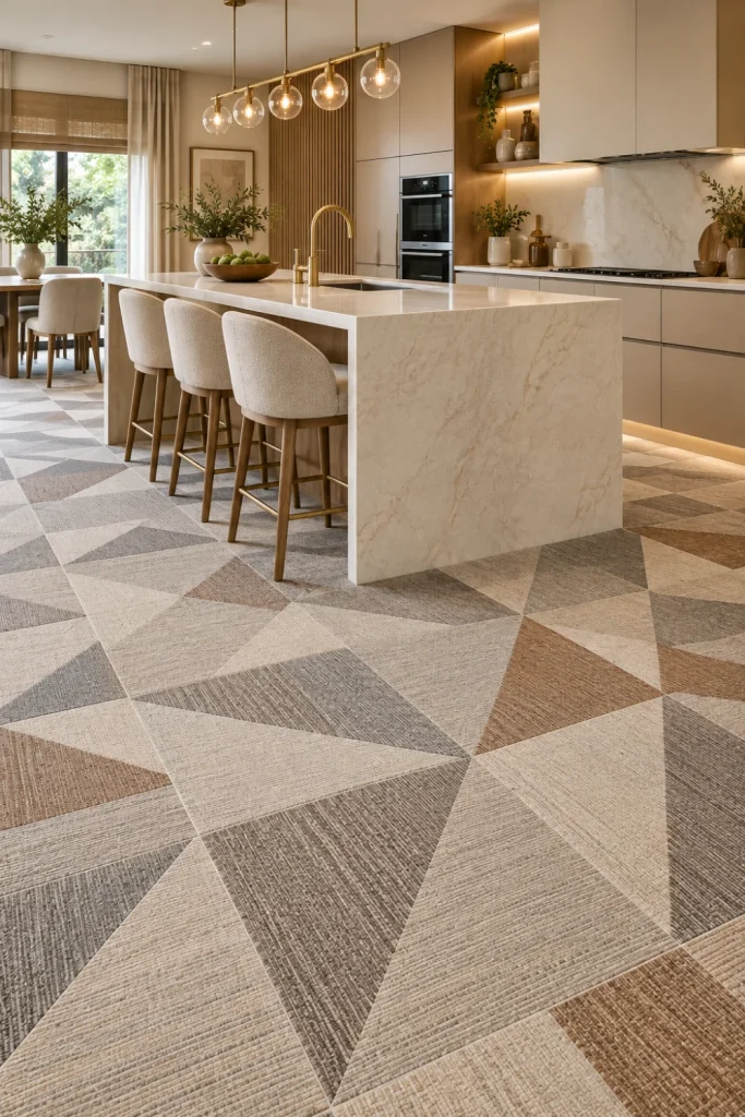 Modern kitchen with geometric carpeted floor tile patterns in warm ivory, taupe, charcoal, and muted terracotta, paired with sleek cabinetry, island lighting, brass fixtures, and contemporary decor.