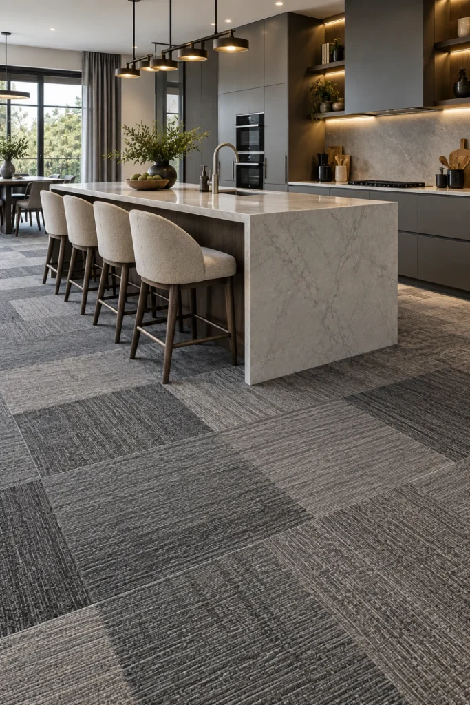 Sophisticated modern kitchen with gray and charcoal carpeted floor tiles, matte cabinetry, light stone countertops, black accents, warm wood details, contemporary lighting, and large windows.