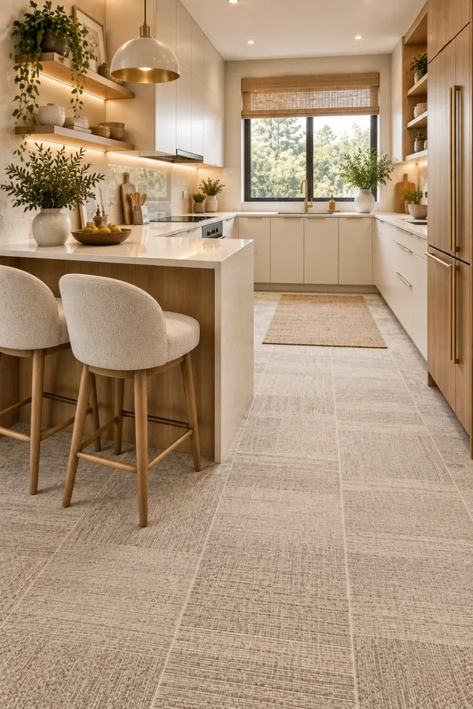 Stylish compact kitchen with light carpet-look floor tiles, cream and oak cabinetry, narrow island, modern brass faucet, integrated appliances, natural window light, and space-saving contemporary decor.