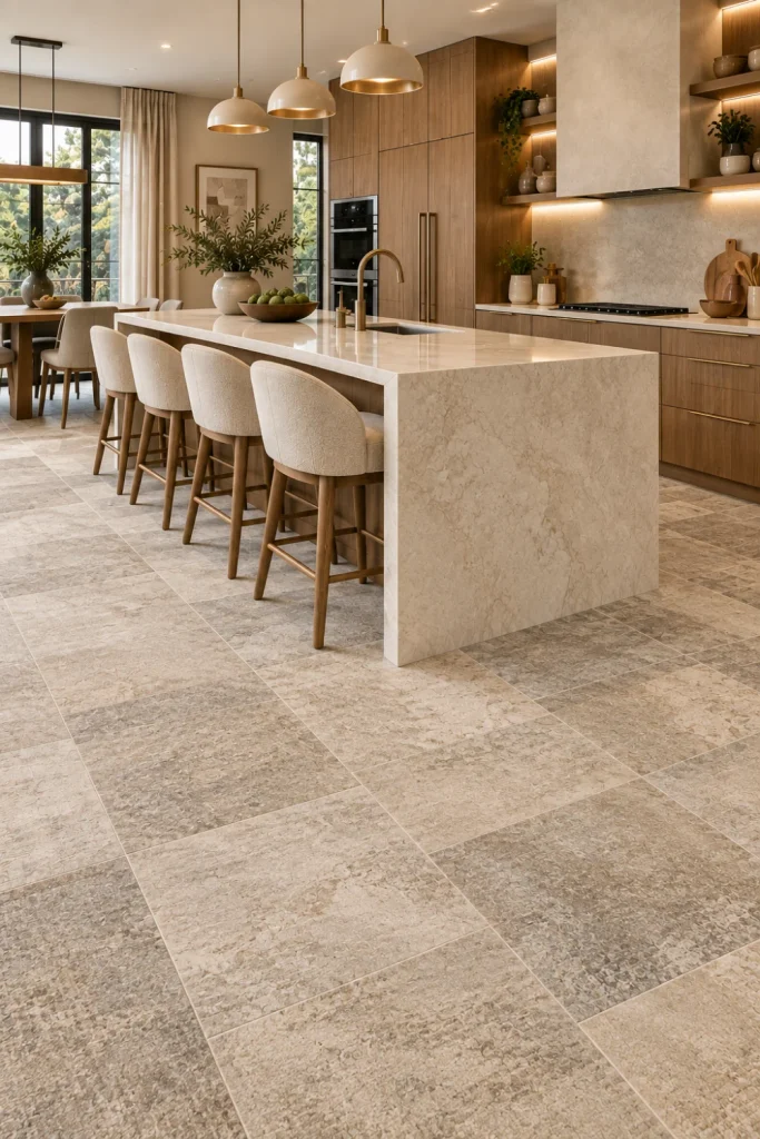 Upscale modern kitchen featuring stone-look carpeted floor tiles with subtle natural texture, warm neutral cabinetry, a large stone island, contemporary brass fixtures, integrated lighting, and luxury decor.