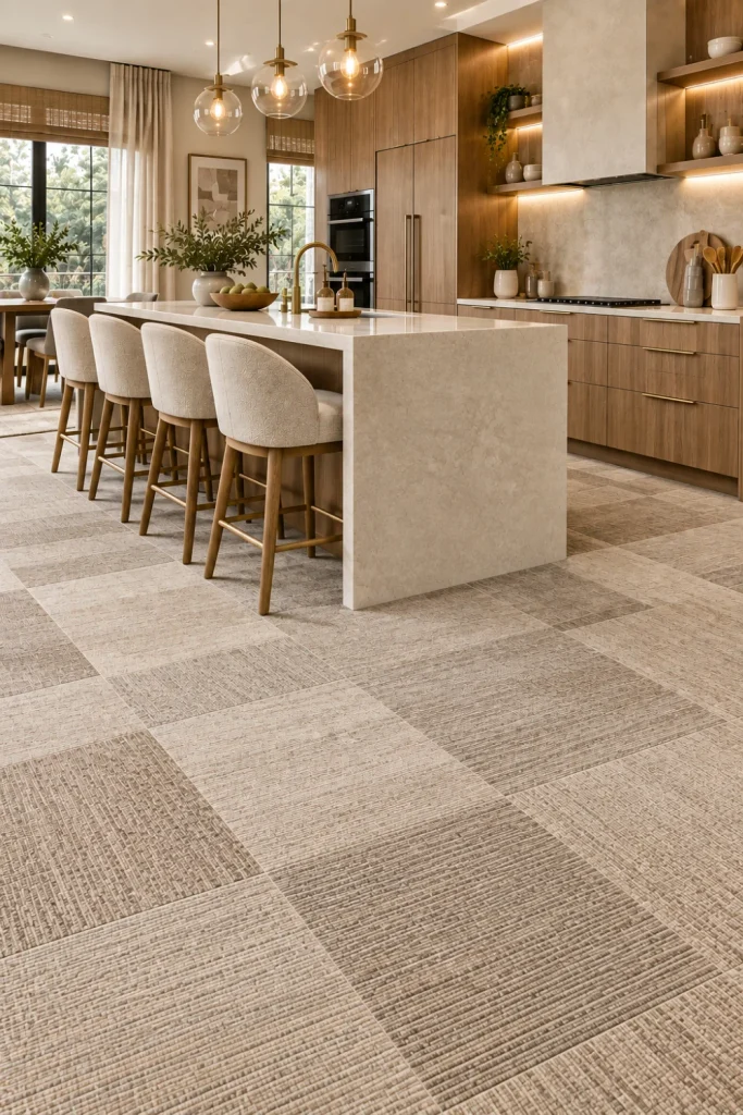 Luxurious modern kitchen with taupe and ivory textured carpet-look floor tiles, warm oak cabinets, cream island, brass faucet, sculptural lighting, large windows, and elegant contemporary decor.