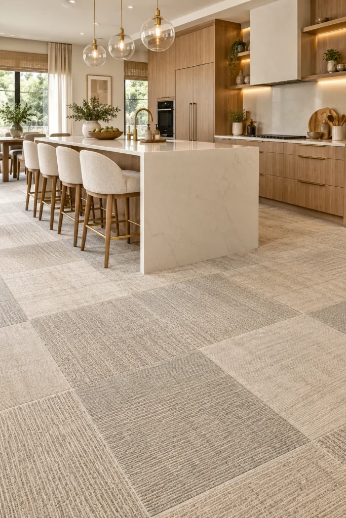 Warm neutral carpet-inspired kitchen floor tiles in soft beige, cream, and taupe beneath a luxurious modern kitchen with oak cabinets, a cream island, brass fixtures, layered lighting, and contemporary decor.
