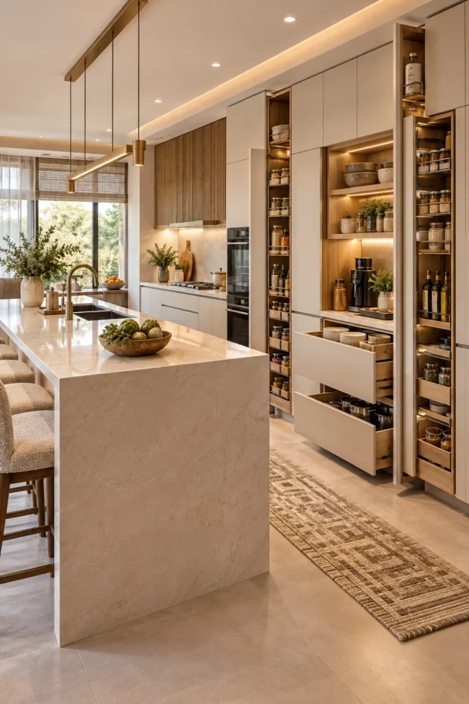 Minimalist contemporary kitchen with cream cabinetry, a built-in hidden storage system, concealed pull-out compartments, warm wood accents, integrated lighting, modern island, and elegant neutral decor.