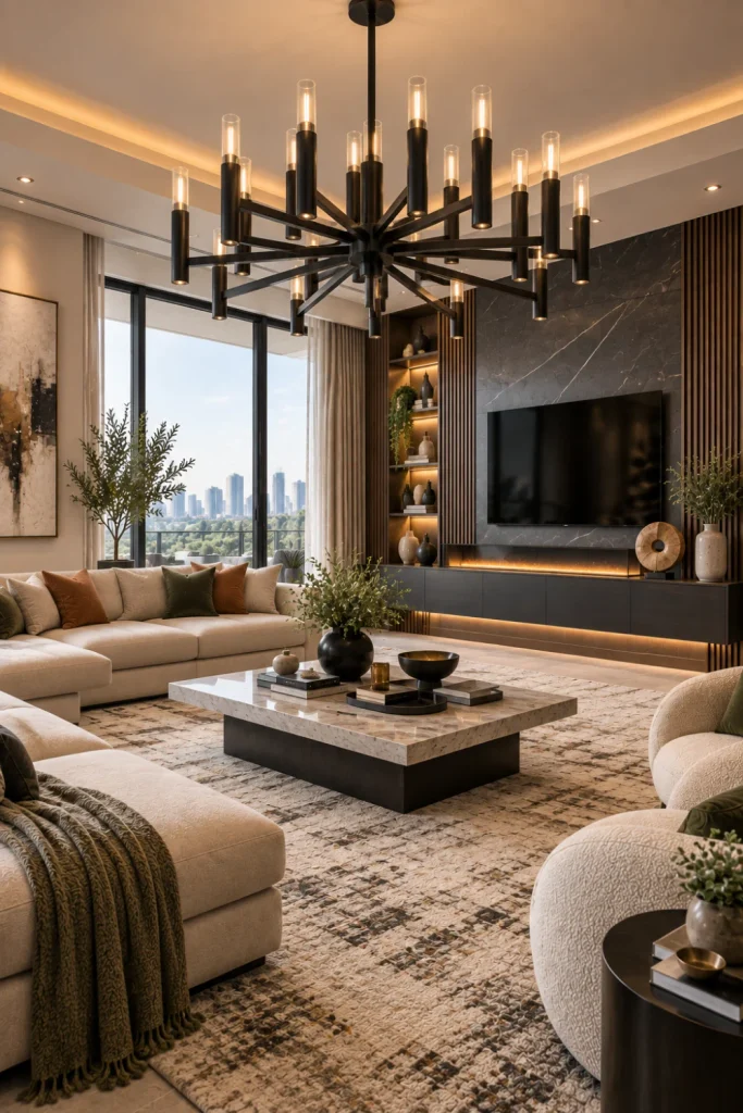 Best Modern Living Room Chandelier Design Ideas featuring a bold black statement chandelier in a stylish contemporary living room.