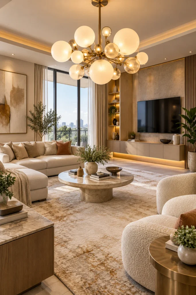 Best Modern Living Room Chandelier Design Ideas featuring an elegant sculptural globe chandelier in a luxurious contemporary living room.