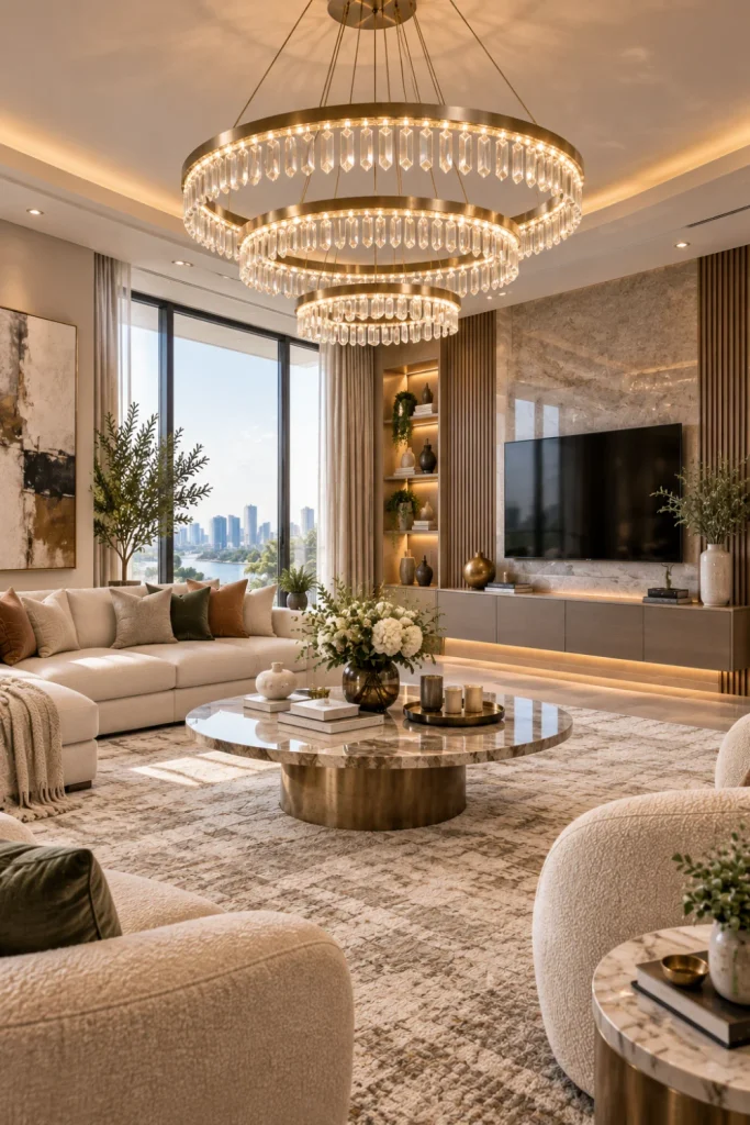 Best Modern Living Room Chandelier Design Ideas with a glamorous crystal ring chandelier illuminating an elegant contemporary living room.