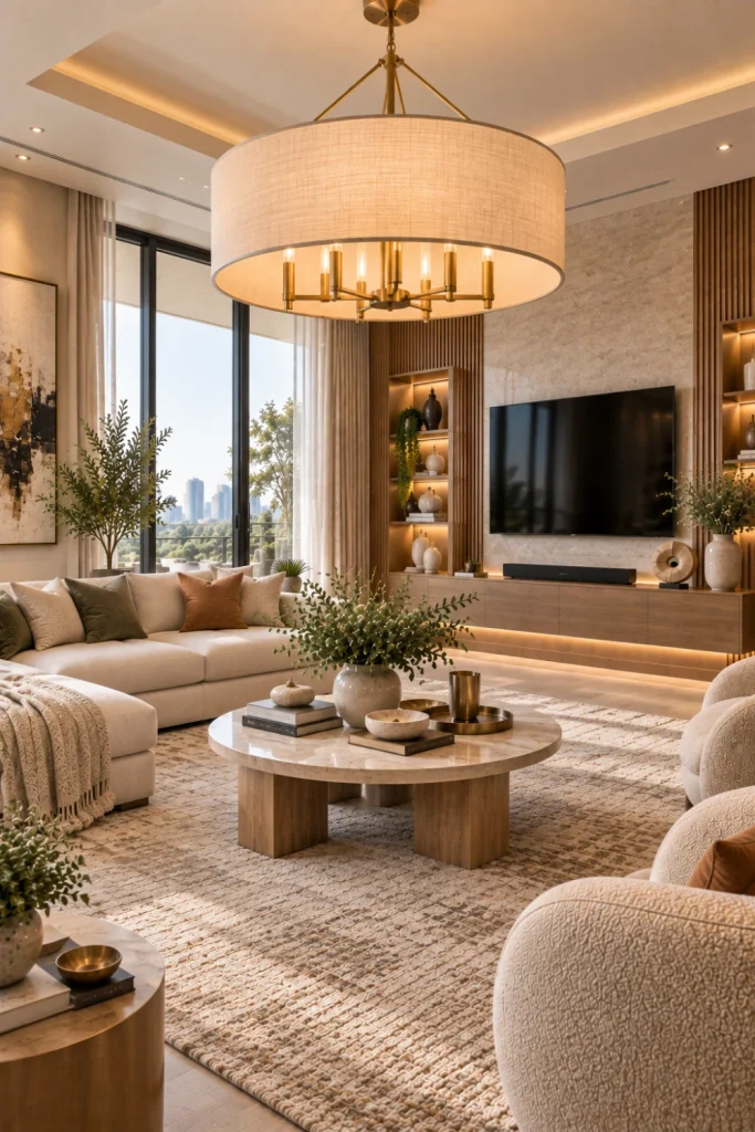 Best Modern Living Room Chandelier Design Ideas featuring a refined drum chandelier with warm layered lighting in an elegant contemporary living room.