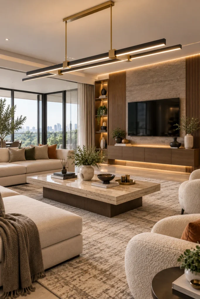 Best Modern Living Room Chandelier Design Ideas featuring a sleek linear LED chandelier over a contemporary luxury seating area.