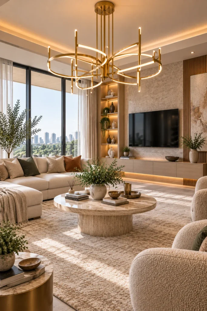 Best Modern Living Room Chandelier Design Ideas featuring a minimalist gold chandelier with warm luxury styling and contemporary furniture.
