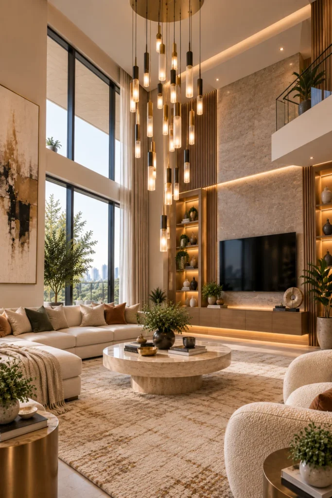 Best Modern Living Room Chandelier Design Ideas featuring a dramatic multi-tier pendant chandelier in a luxurious contemporary living room.