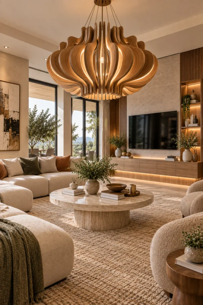 Best Modern Living Room Chandelier Design Ideas featuring an organic wood chandelier with warm natural textures in a luxury contemporary living room.