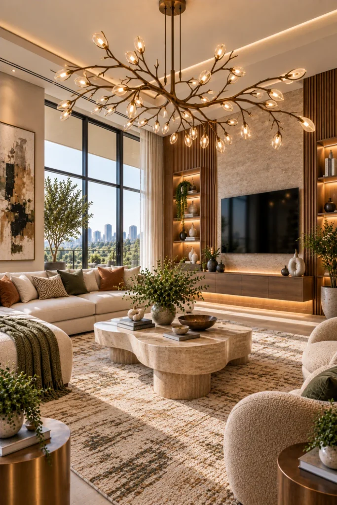 Best Modern Living Room Chandelier Design Ideas featuring a sculptural branch chandelier over an elegant contemporary living room.