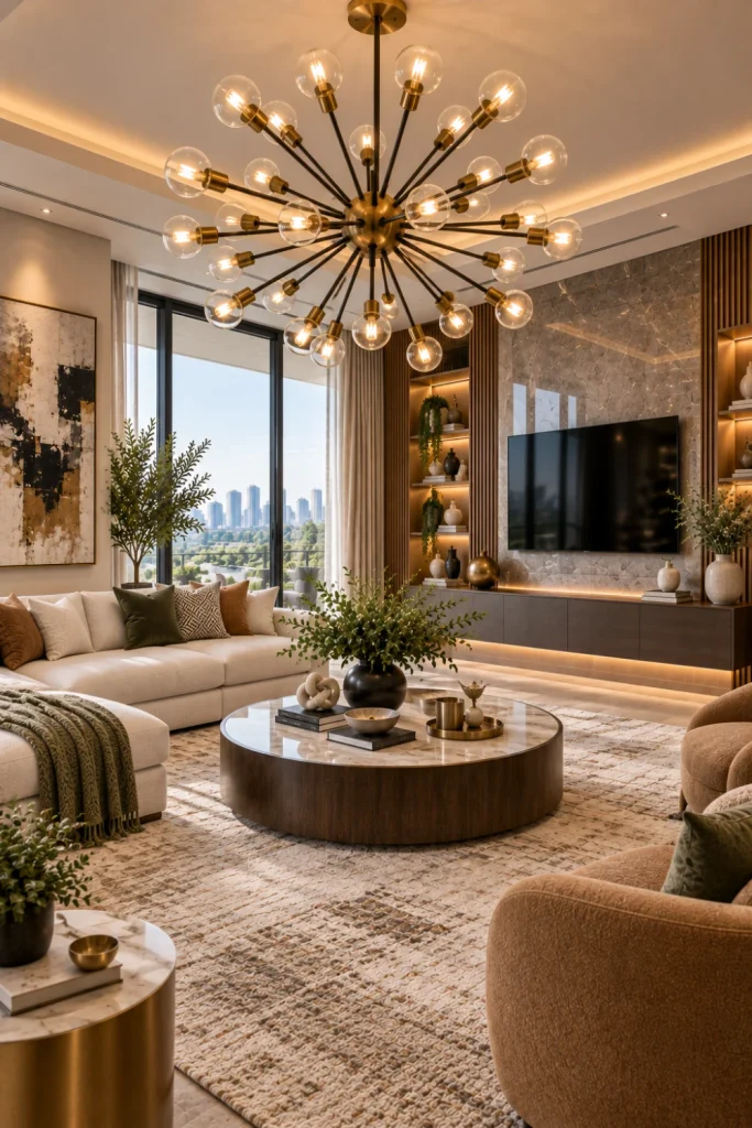 Best Modern Living Room Chandelier Design Ideas featuring a bold Sputnik-style chandelier in a stylish contemporary luxury living room.