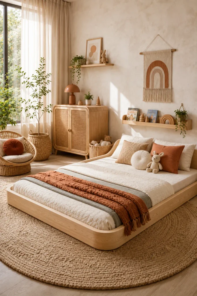 Best Modern Toddler Floor Bed Designs Ideas featuring a cozy boho toddler floor bed with rattan, warm neutral tones, woven accents, and modern decor.