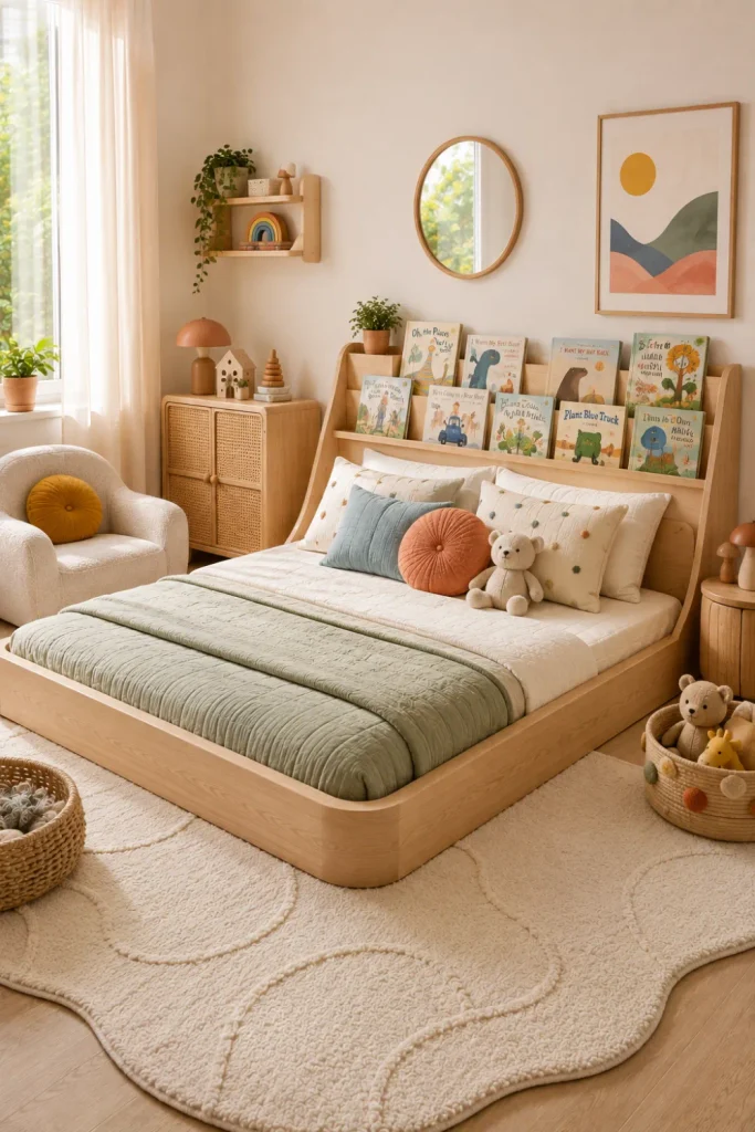 Best Modern Toddler Floor Bed Designs Ideas featuring a modern low floor bed with built-in book storage, colorful bedding, and chic 2026 kids' room decor.