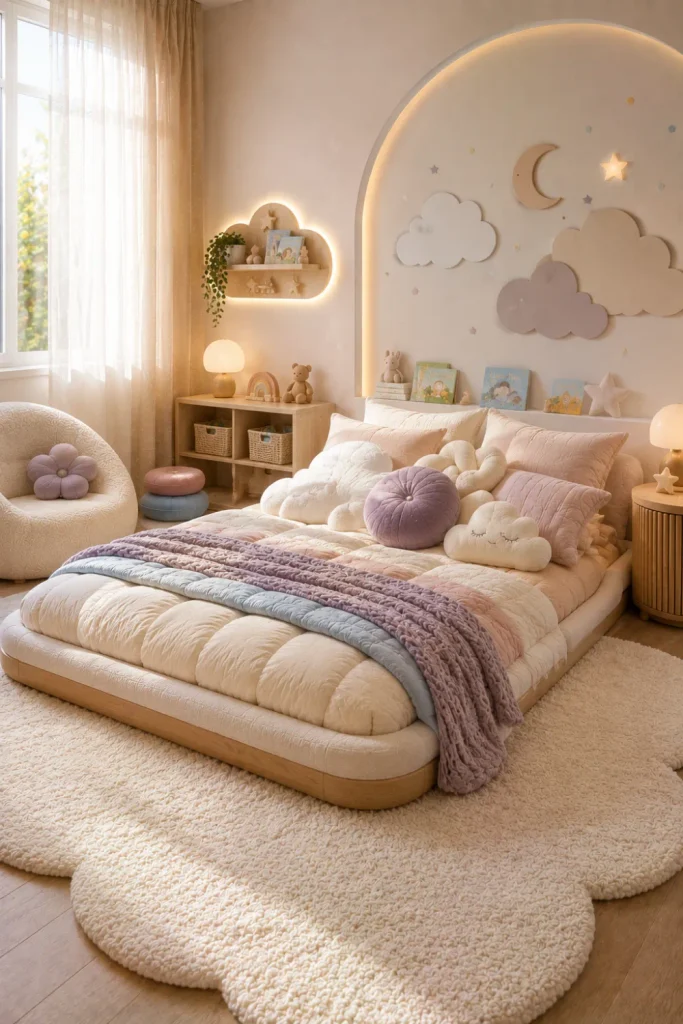 Best Modern Toddler Floor Bed Designs Ideas featuring a contemporary toddler floor bed with cloud-like soft bedding, rounded forms, gentle colors, and dreamy modern decor.