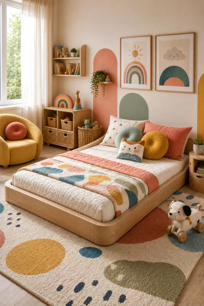 Best Modern Toddler Floor Bed Designs Ideas featuring a colorful modern toddler floor bed with playful accent decor, cheerful bedding, rounded furniture, and trendy 2026 kids' room styling.