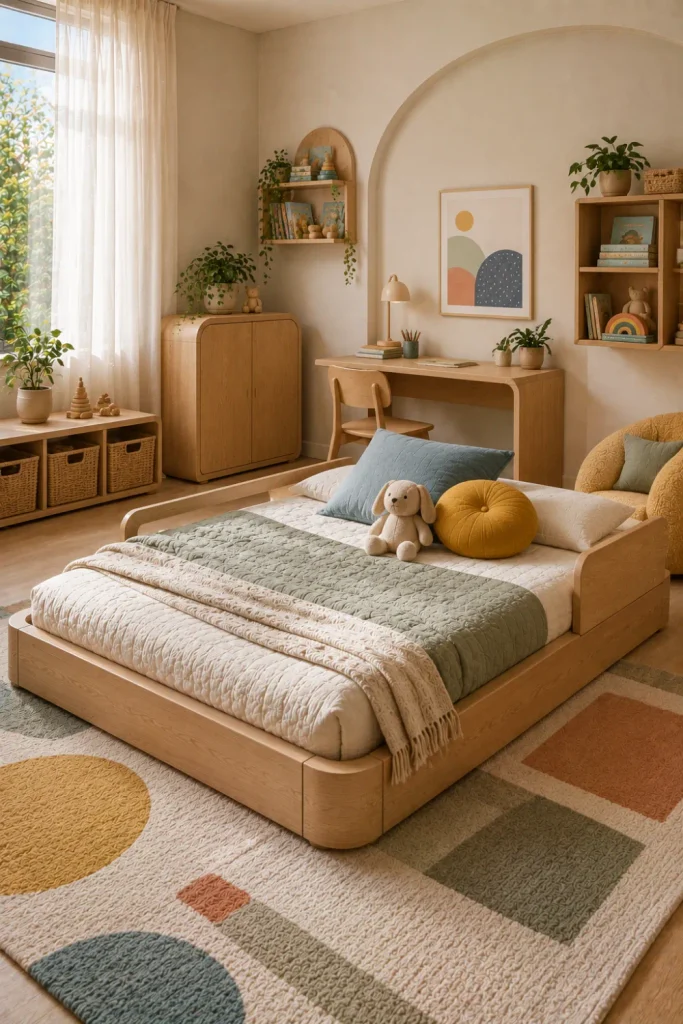 Best Modern Toddler Floor Bed Designs Ideas featuring a convertible toddler floor bed designed to adapt as a child grows, with modern neutral decor and colorful accents.