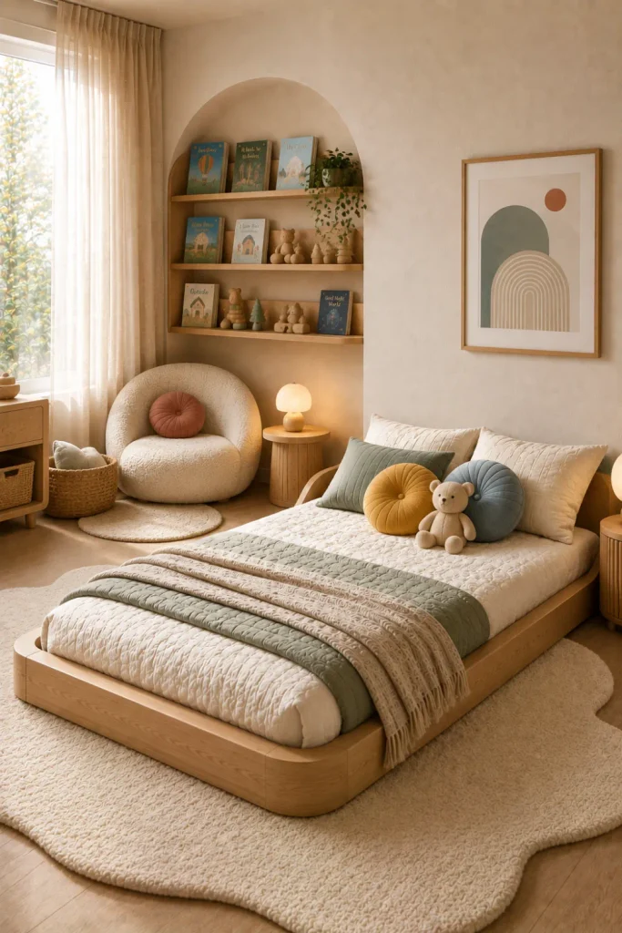 Best Modern Toddler Floor Bed Designs Ideas featuring an elegant toddler floor bed with a cozy reading nook, bookshelves, soft lighting, natural wood, and modern neutral decor.
