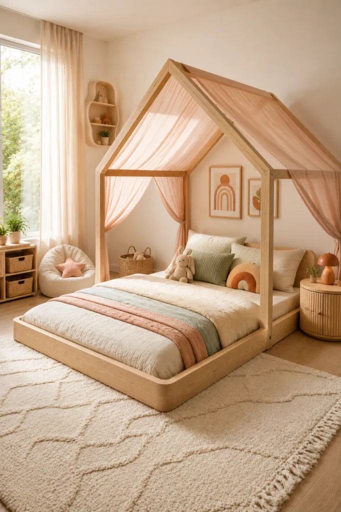 Best Modern Toddler Floor Bed Designs Ideas featuring a modern house-frame toddler floor bed with a soft canopy, playful decor, and contemporary styling.
