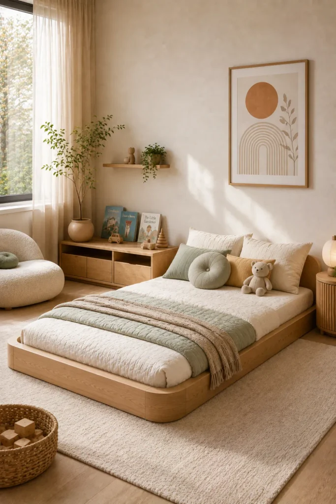 Best Modern Toddler Floor Bed Designs Ideas featuring a Japandi-inspired toddler floor bed with natural wood, muted colors, rounded decor, and calm 2026 styling.