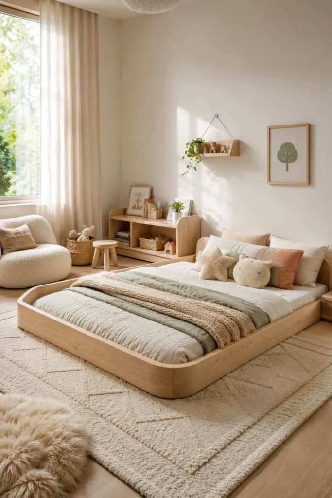 Best Modern Toddler Floor Bed Designs Ideas featuring a Montessori-style natural wood toddler floor bed with neutral bedding and a modern cozy kids' room.