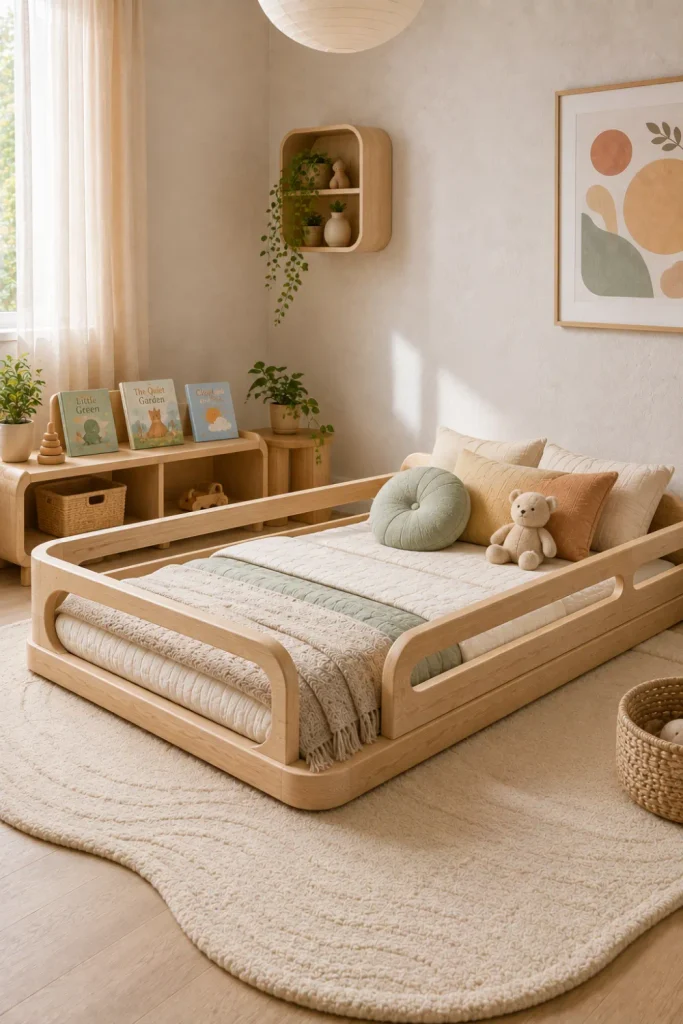 Best Modern Toddler Floor Bed Designs Ideas featuring a neutral Montessori floor bed with rounded rails, natural wood, soft colors, and peaceful modern decor.