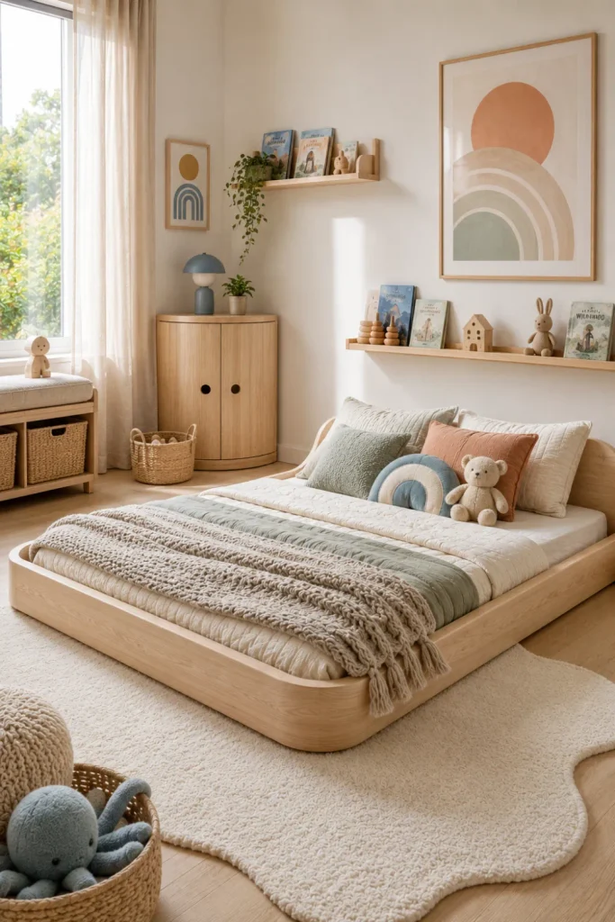 Best Modern Toddler Floor Bed Designs Ideas showcases a Scandinavian toddler floor bed with pale wood, cozy textiles, neutral colors, and modern decor.