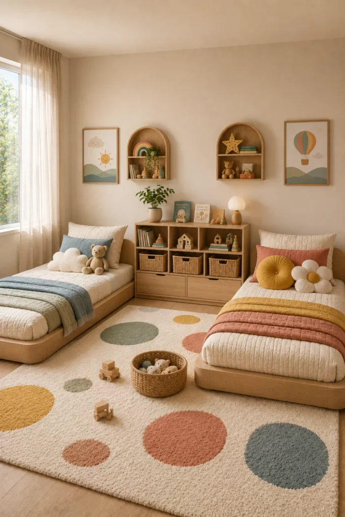 Best Modern Toddler Floor Bed Designs Ideas featuring a shared toddler bedroom with matching modern floor beds, coordinated bedding, balanced decor, and smart storage.