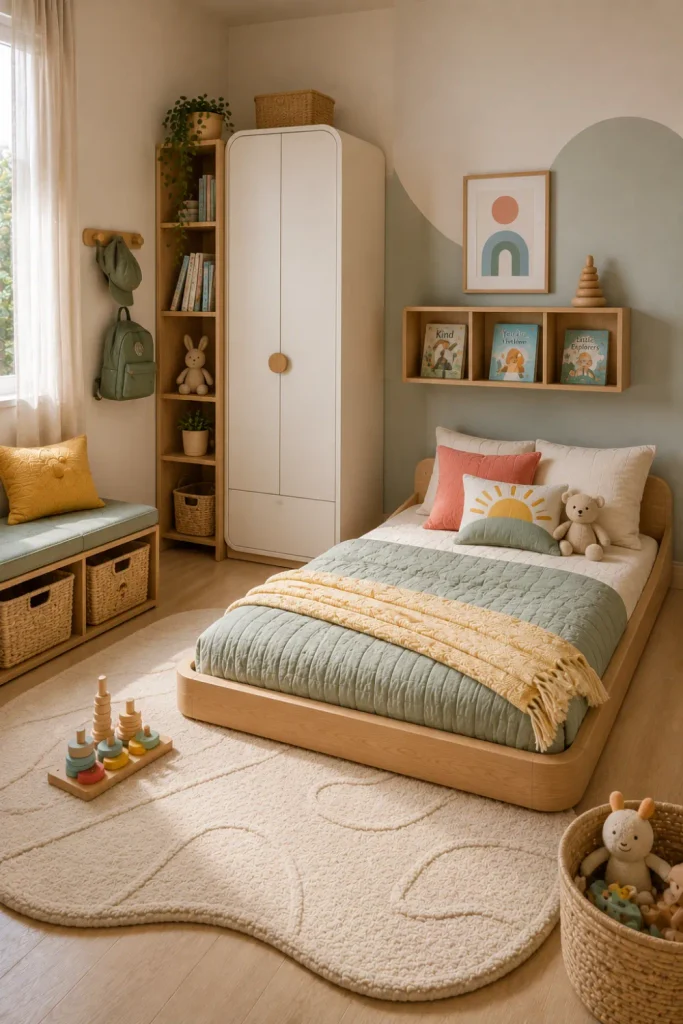 Best Modern Toddler Floor Bed Designs Ideas with a compact toddler floor bed, smart storage, vibrant accents, and modern small-room decor.