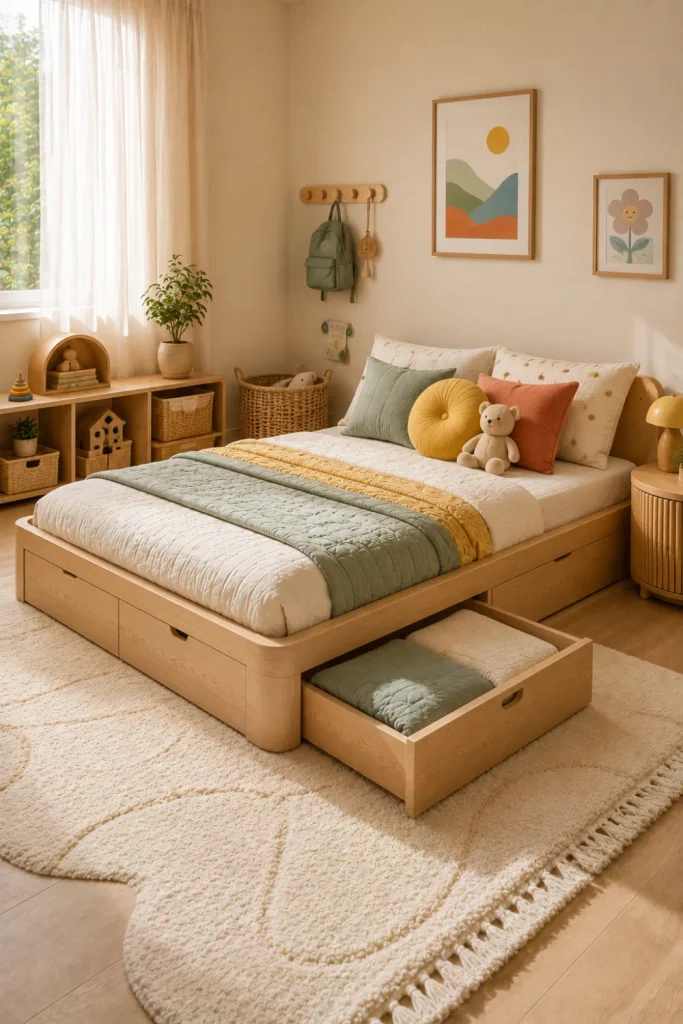 Best Modern Toddler Floor Bed Designs Ideas featuring a modern toddler floor bed with hidden storage drawers, colorful bedding, and stylish 2026 decor.